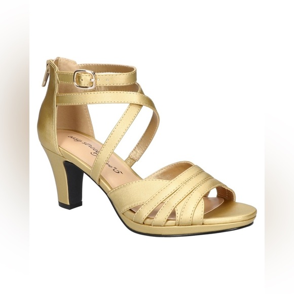 Easy Street Gold Strappy Heels with Ankle Strap and Platform - Picture 1 of 8